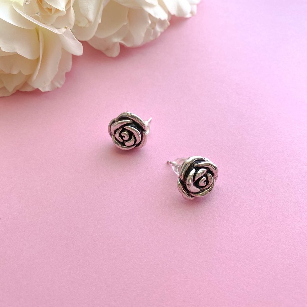 Rose Flower Sterling Silver Stud Earrings